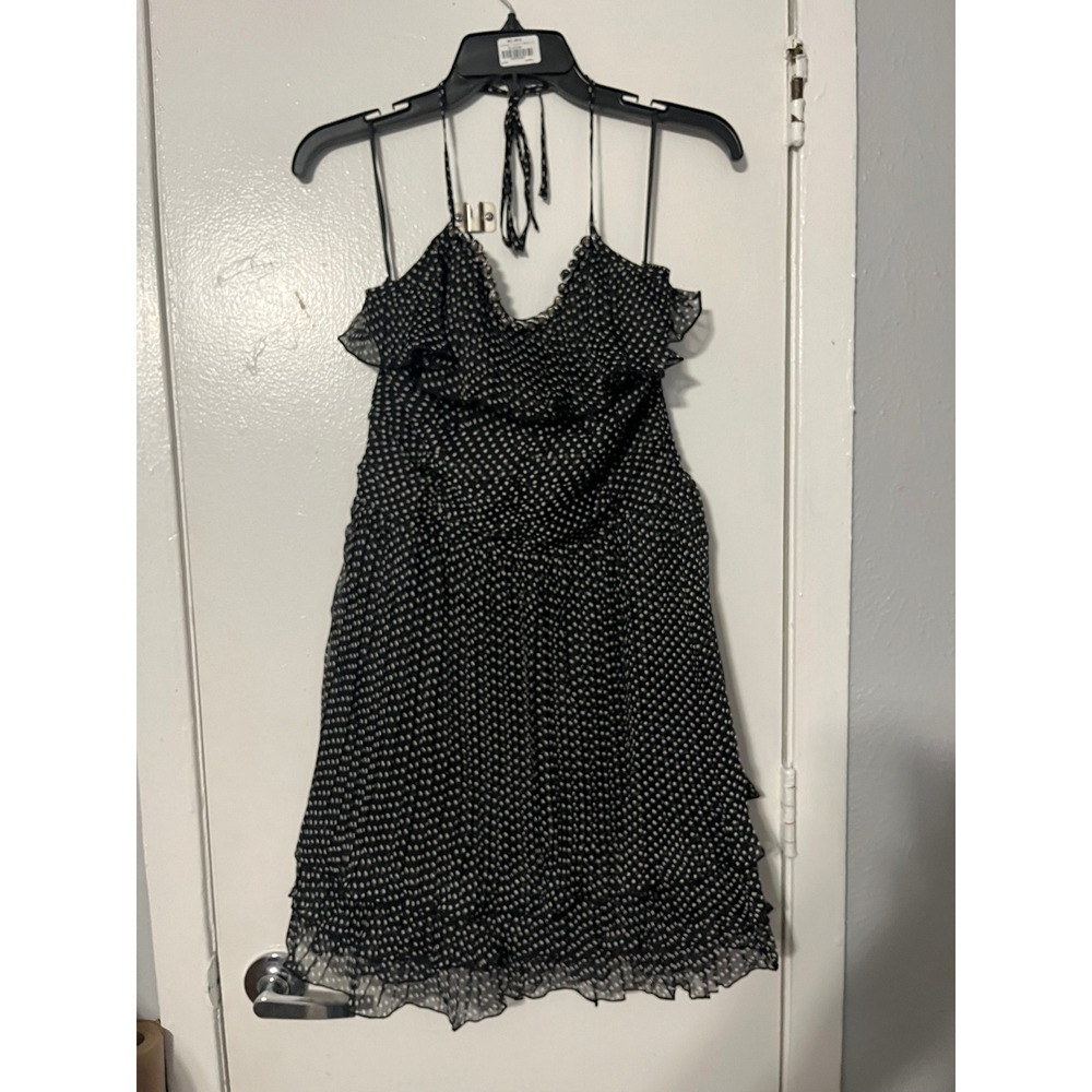 Michael K Polka Dot Ruffle Halter Dress Black White Smocked Back Size M‎ NEW